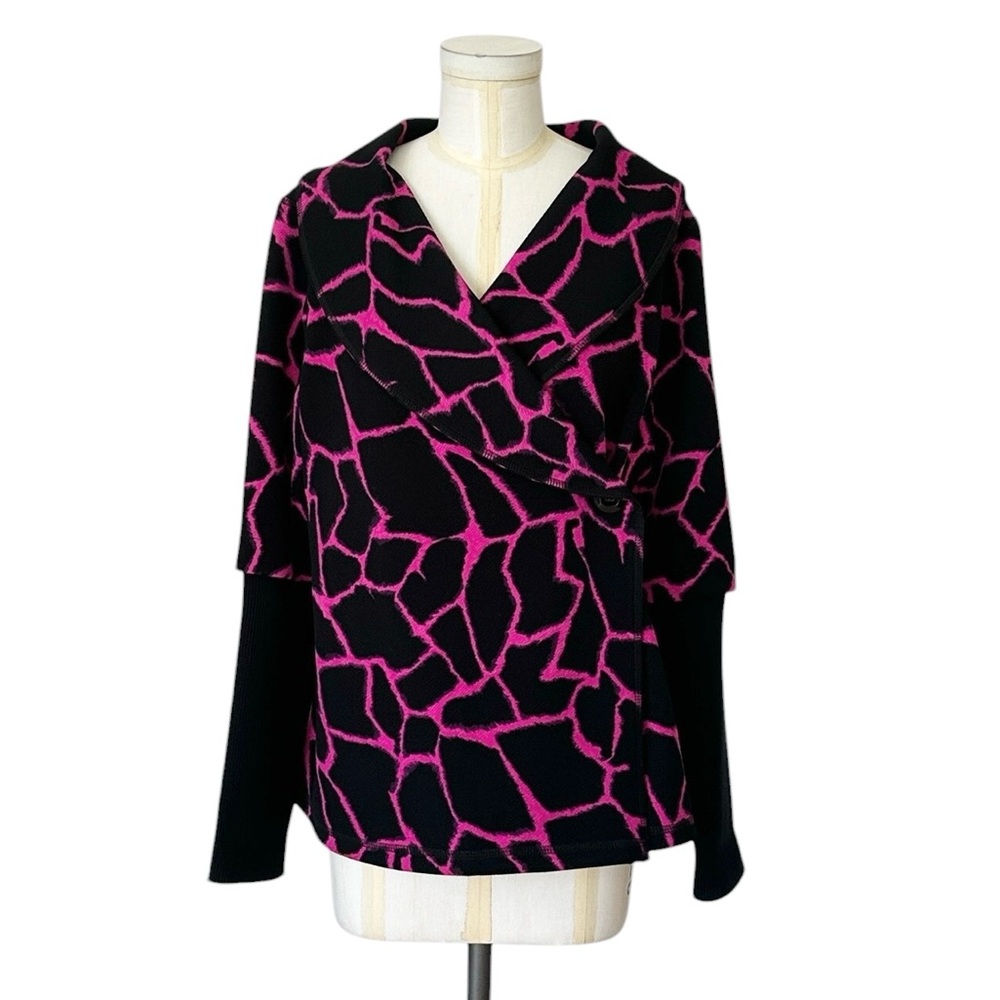 Joseph Ribkoff Black & Hot Pink Patterned One Button Wrap-Style Jacket Size 8